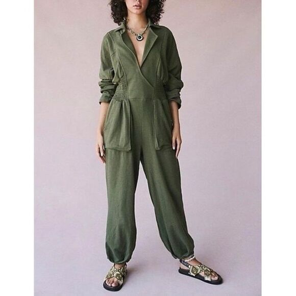Free People Pants - Free People Beach Blair One Piece Jumpsuit M Olive Green long Sleeve Balloon Leg
